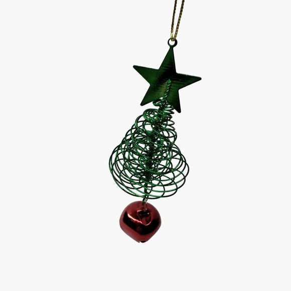 Green  Christmas Tree Ornament Red Jingle Bell Star Metal Spiral Wire - Picture 5 of 6